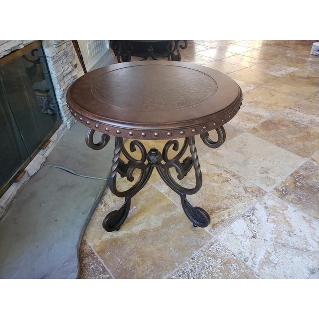 Nailhead Trim Leather Wrapped Side Table With Scrolling Metal Base