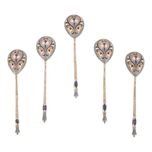 Antique Set Imperial Russian Silver Gilt Cloisonne Spoons Feodosii Pekin Moscow - 5 Pieces