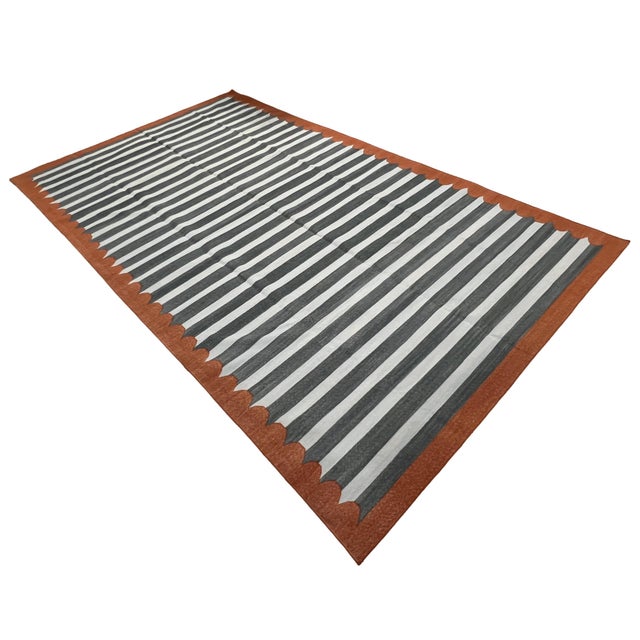 Mid-Century Modern Handmade Cotton Area Rug, Vegetable Dyed, Sky Blue, Gray and Terracotta Striped Dhurrie -8'x12' For Sale - Image 3 of 13