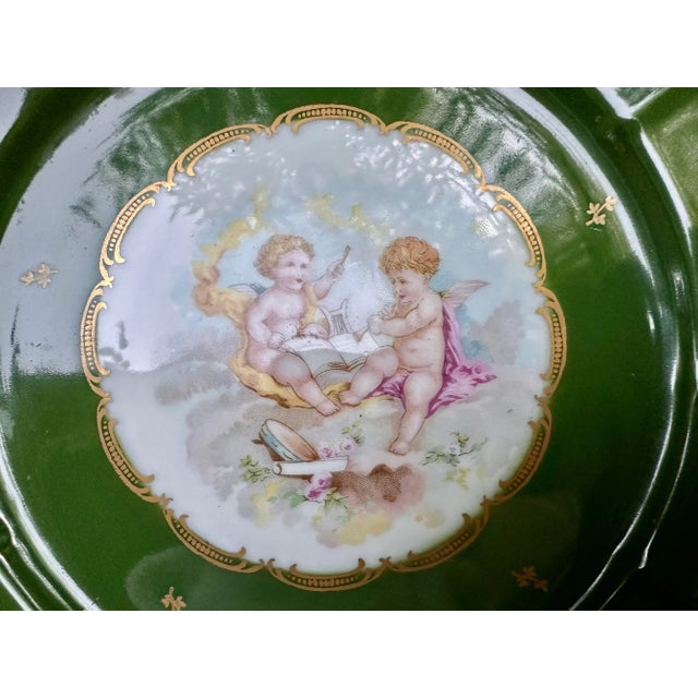 Vintage French Hand Painted Cherubs Gold Gilt Pedestal Green Porcelain Cake Plate Stand For Sale - Image 9 of 12
