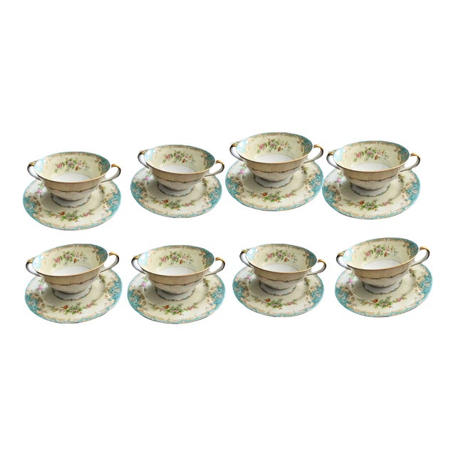 1940s Noritake Mystery #210 Bouillon Cups and Saucers Set 16 Pieces