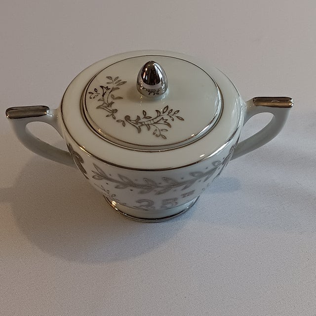Lefton China Silver 25th Anniversary Cream and Sugar Set - Hand Painted, Bone China, Made in Japan. Excellent condition:...