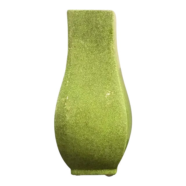 Modern Chartreuse Crackle Glaze Square Vase For Sale