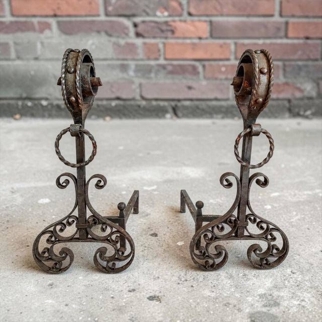Gothic 19th-C. French Hand Forged Wrought Iron Fireplace Andirons With Scrollwork - Pair For Sale - Image 3 of 4