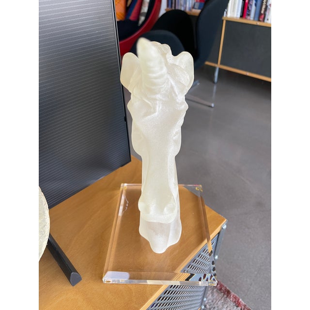 1980s Italian Frosted Lucite Acrylic Unicorn Bust Signed Postmodern Sculpture Object For Sale - Image 10 of 12