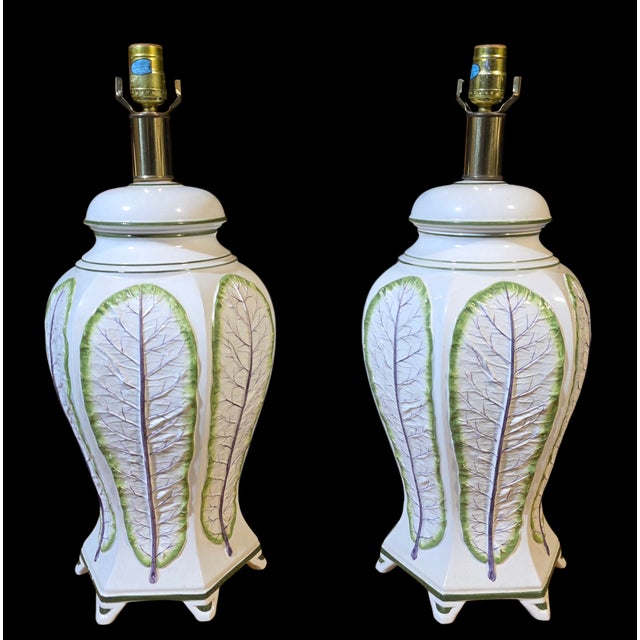 Mid-Century Modern Pair of Mid-20th Century Raymor Italian Majolica Trompe-L’Oeil Leaf Ceramic Lamps For Sale - Image 3 of 8