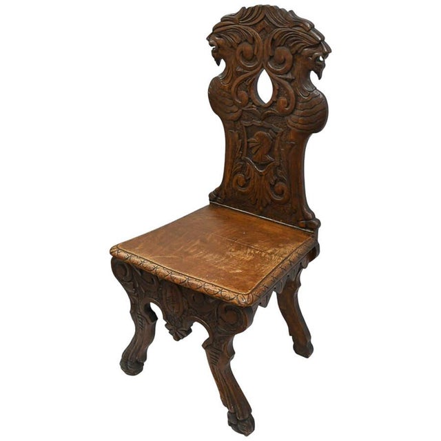 Renaissance Antique Handcrafted Oak Sgabello Griffon Hall Chair For Sale - Image 3 of 9
