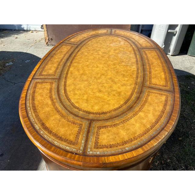 Vintage Maitland Smith Oval Partners Desk Victorian Burl Wood Style, Needs Restoration For Sale - Image 10 of 12