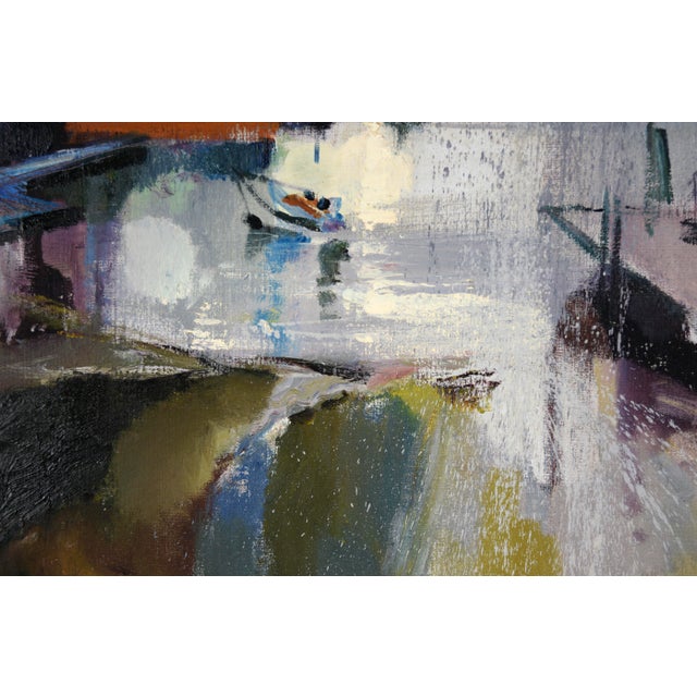 Textile "Rain-Drenched Marina" Mid Century Modern Oakland Seascape in Oil on Linen by Carol Sideman For Sale - Image 7 of 9