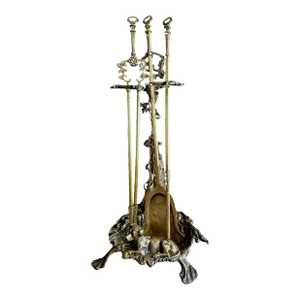 Antique French Brass Hunting Motif Fireplace Tools Set 1900s Hunting Lodge