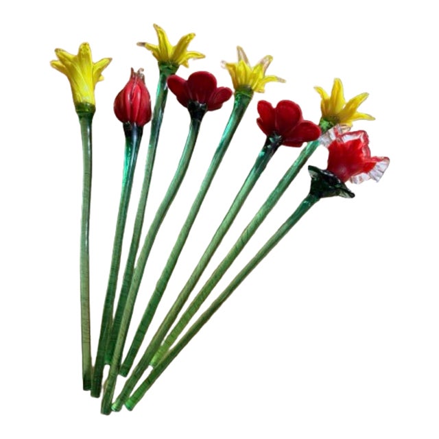 Vintage Hand - Blown Art Glass Flowers Murano Style - Set of 8 For Sale