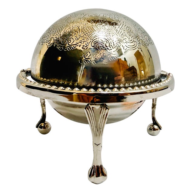 Metal Mid 20th Century English Silver-Plated Roll Top Caviar / Butter Dish With Glass Liner - Caviar Server For Sale - Image 7 of 12