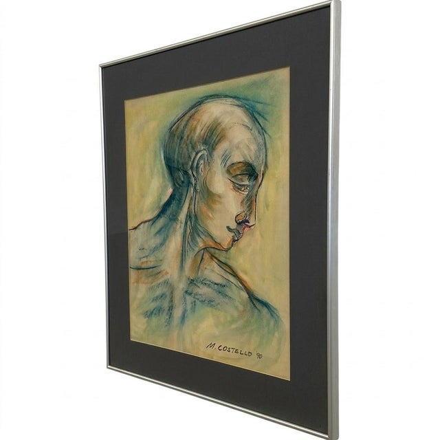 Vintage Mid Century Modern '90 Pastel Portrait Drawing Signed M. Costello, Framed Original Artwork.. For Sale In Seattle - Image 6 of 7