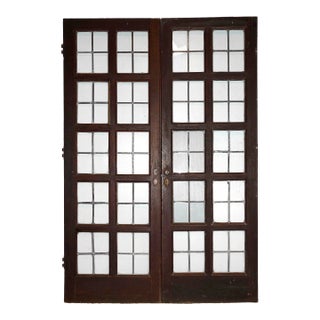 Antique Chestnut 10 Light French Doors With Leaded Glass Panes - A Pair For Sale