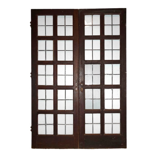 Antique Chestnut 10 Light French Doors With Leaded Glass Panes - A Pair For Sale
