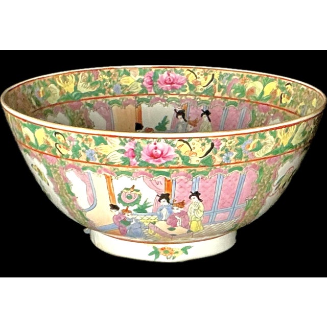 Chinese Famille Rose Medallion Porcelain Bowl. Large bowl is hand-painted and richly adorned with figural court scenes,...