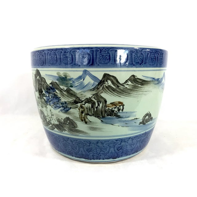 Vintage Chinese Blue & White Porcelain Planter, Wrap Around Shan Shui Mountain & Water Landscapes For Sale In Tampa - Image 6 of 11