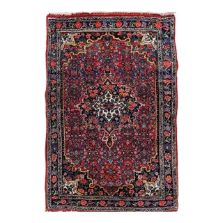 Vintage Persian Bidjar Rug, Hand-Knotted Wool, Geometric Medallion Pattern, Red & Navy, 3x4 For Sale