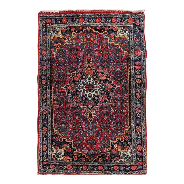 Vintage Persian Bidjar Rug, Hand-Knotted Wool, Geometric Medallion Pattern, Red & Navy, 3x4 For Sale
