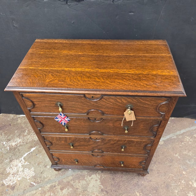 Late 19th Century Handsome Georgian Oak 4 Drawer Chest on Bun Feet With Decorative Molding Accents For Sale - Image 4 of 9
