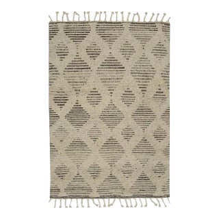 6x8 Ivory Hand-Knotted Wool Linear Diamond Motif Modernist Carpet Rug For Sale