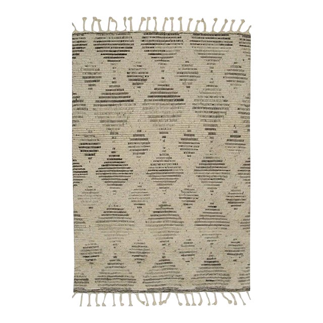 6x8 Ivory Hand-Knotted Wool Linear Diamond Motif Modernist Carpet Rug For Sale