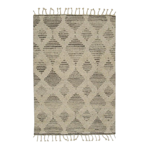 6x8 Ivory Hand-Knotted Wool Linear Diamond Motif Modernist Carpet Rug