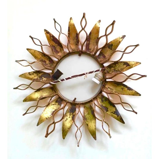 Large Spanish Crown Sunburst Fixture in Gilt Metal and Frost Glass, 1950 For Sale - Image 9 of 10