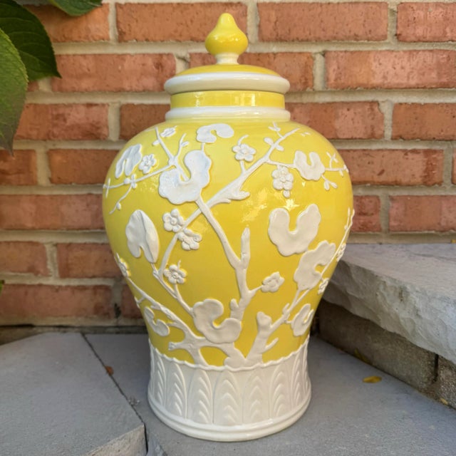 Yellow Mid 20th Century Italian Chinoiserie Yellow Prunus Relief Ginger Jars - A Pair For Sale - Image 8 of 12
