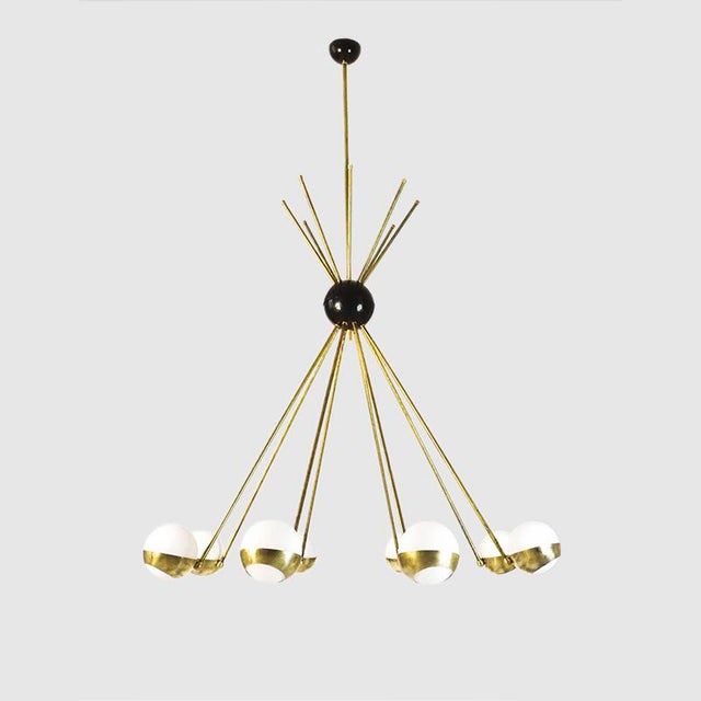 Stilnovo Mid-Century Italian Brass and Opaline Glass Chandelier from Stilnovo For Sale - Image 4 of 6