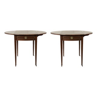 Mid 20th Century Pair of Baker Furniture Inlaid Demi-Lune Side Tables With Brass Ring Pulls & Drop-Leaves: Pembroke Tables For Sale