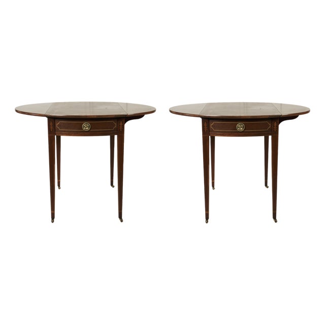 Mid 20th Century Pair of Baker Furniture Inlaid Demi-Lune Side Tables With Brass Ring Pulls & Drop-Leaves: Pembroke Tables For Sale