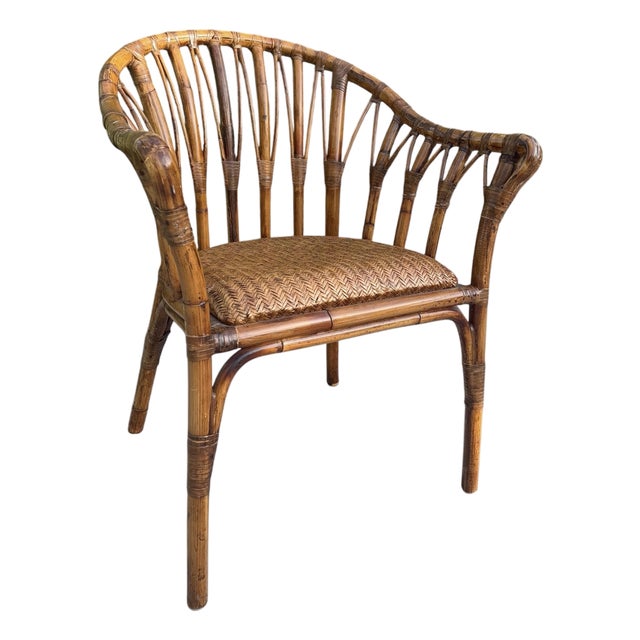 Vintage Handcrafted Rattan Barrel Back Chair With Woven Seat For Sale