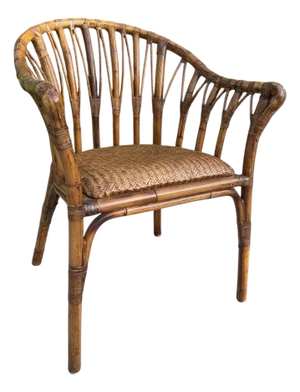 Vintage Handcrafted Rattan Barrel Back Chair With Woven Seat