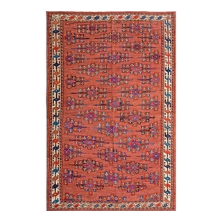 1870s Oxblood Red Antique Central Asian Turkmen Yamoud Rug 5'2" X 7'10" Handknotted Wool Carpet For Sale