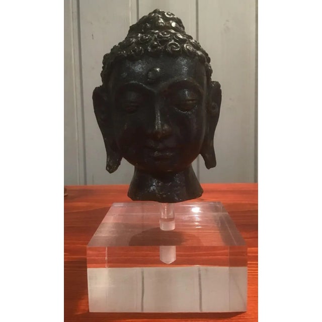Antique Burmese Bronze Buddha Head with Acrylic Glass Base, 1900s For Sale - Image 9 of 9