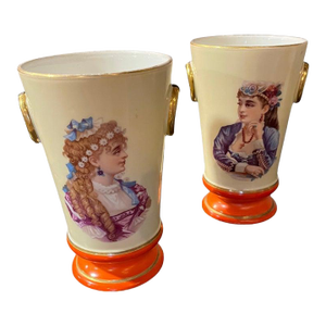 Circa 1930's Pair Portrait Vases Orange Accent