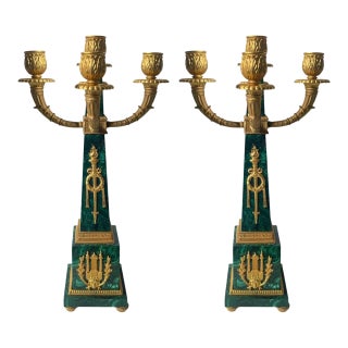 Pair of Early 20th Century French Malachite Candelabras With Gilt Bronze Details For Sale