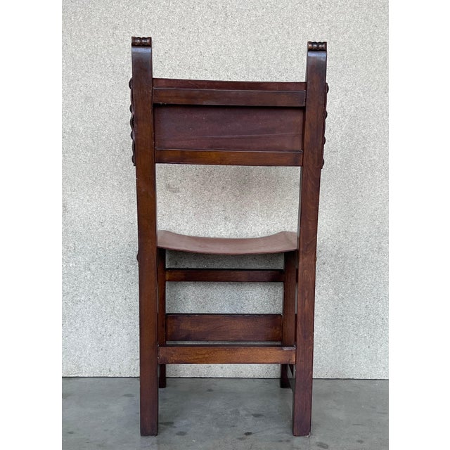 19th Set of Six Spanish Carved Chairs with Leather Seat and Back For Sale - Image 4 of 18