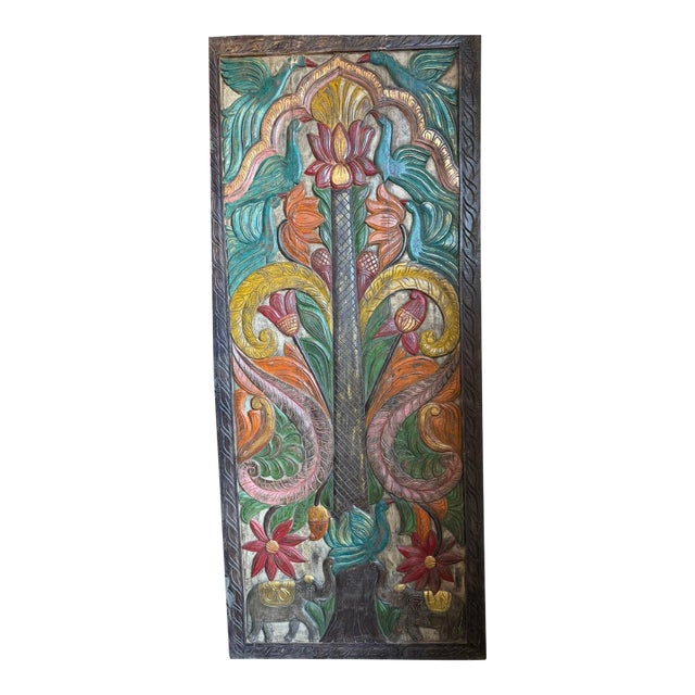 Hand-Painted Carved Wood Door Panel – Tree of Life With Lotus, Cranes & Elephant Motifs 84x36 For Sale