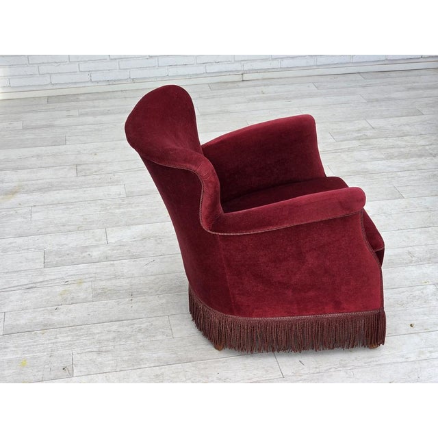 Vintage Danish Lounge Chair in Cherry-Red Furniture Velour and Oak, 1960s For Sale - Image 11 of 18