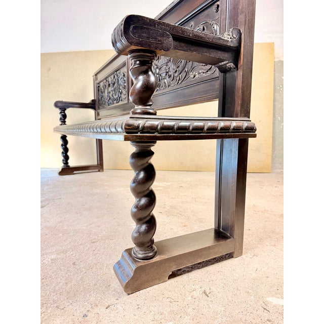 Spanish Carved Wood Bench With Barley Twist Legs, 20th Century For Sale - Image 15 of 16
