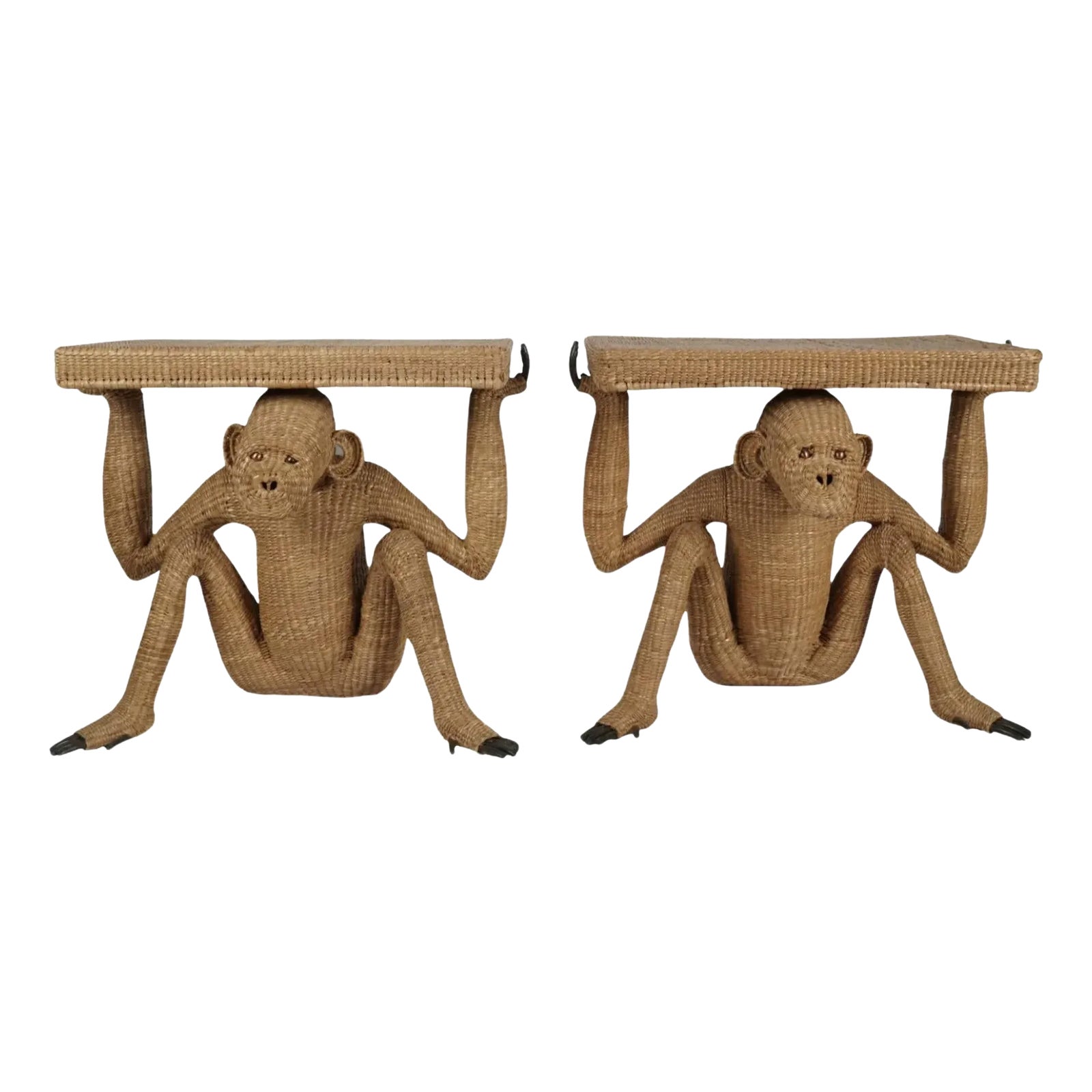 Pair of Mario Lopez Torres Brass and Rattan Monkey Console Tables ...