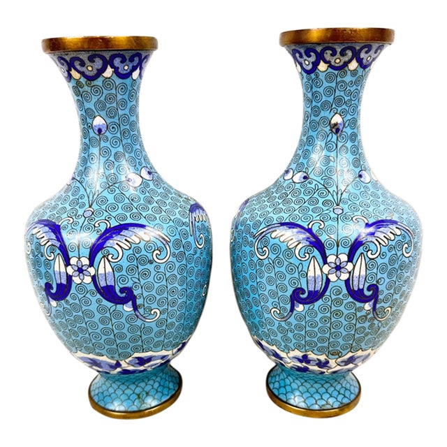 Mid-20th Century Chinese Blue & White Cloisonné Brass Vases - A Pair For Sale