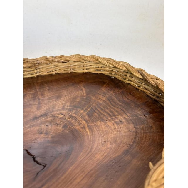 Vintage French Tray in Olive Wood and Rush, 1960 For Sale - Image 13 of 16