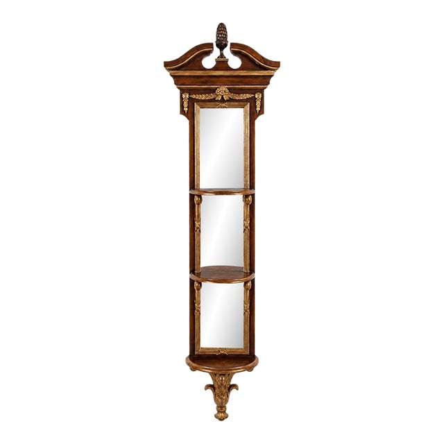 Theodore Alexander 62” Neoclassical Style Mahogany & Gilt Wall Mirror W/ Shelves Brackets For Sale