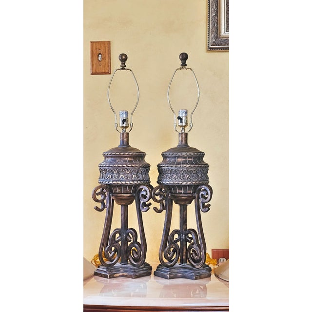 Bronze Pair of Ornate Bronze Table Lamps With Scrollwork Base and Bell Shades by Anthony California For Sale - Image 8 of 12