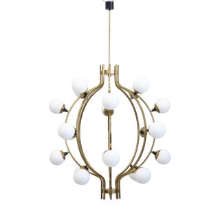 Large 20-Light Chandelier in Brass and Opal Spheres in the style of Stilnovo, 1988 For Sale