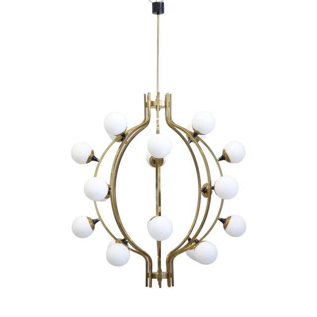 Large 20-Light Chandelier in Brass and Opal Spheres in the style of Stilnovo, 1988 For Sale