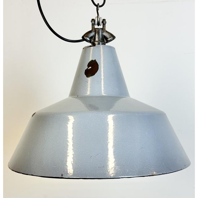 Industrial Grey Enamel Factory Pendant Lamp, 1960s For Sale - Image 6 of 18